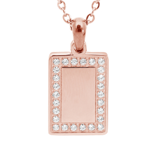 COLLIER ACIER ET PVD ROSE PENDENTIF RECTANGULAIRE CONTOUR OXYDES BLANCS 38+7cm