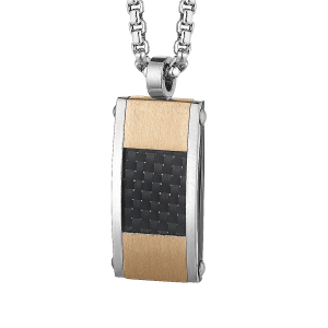COLLIER ACIER PENDENTIF RECTANGULAIRE CARBONE ET PVD ROSE 55CM