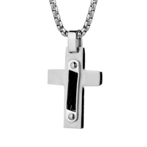 COLLIER ACIER PENDENTIF CROIX 2 CABLES NOIRS 54CM