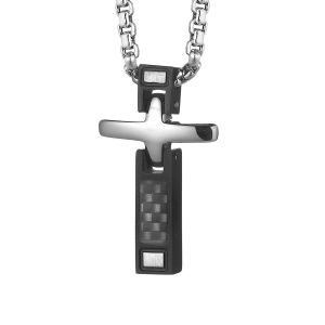 COLLIER ACIER PENDENTIF CROIX PVD NOIR ET CARBONE 54CM