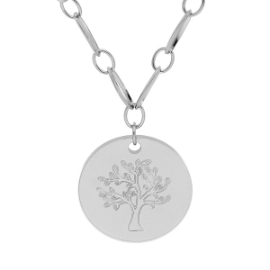 COLLIER ACIER MAILLE AVEC PENDENTIF GRAVURE ARBRE DE VIE 39+5CM