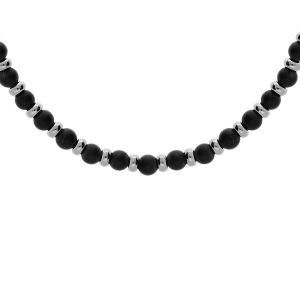 COLLIER ACIER PIERRES ONYX MAT VÉRITABLE 50+5CM