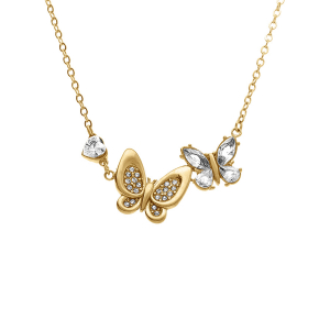COLLIER ACIER DORÉ PAPILLONS ET COEUR OXYDES BLANCS SERTI 40+5CM