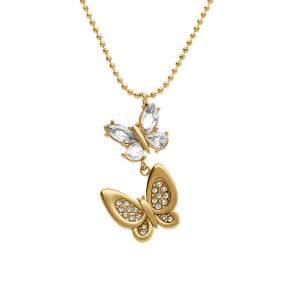 COLLIER ACIER DORÉ PAPILLONS OXYDES BLANCS SERTI 45+5CM