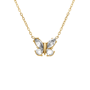 COLLIER ACIER DORÉ PAPILLON OXYDES BLANCS SERTI 45+5CM