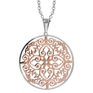 COLLIER ACIER PENDENTIF ROND AJOURE BICOLORE PVD ROSE 43+4CM