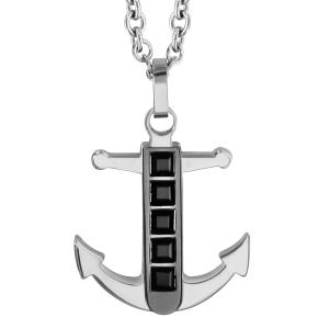 COLLIER ACIER PENDENTIF ANCRE PIERRES CARRÉES NOIRES 50+5CM