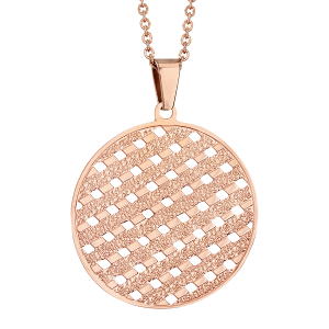 COLLIER ACIER ET PVD ROSE PENDENTIF ROND QUADRILLAGE 42+4CM