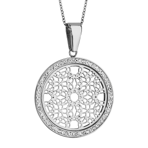 COLLIER ACIER PENDENTIF ROND MOTIF ROSACE CONTOUR RÉSINE ET STRASS BLANC 45+5CM