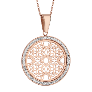 COLLIER ACIER ET PVD ROSE PENDENTIF ROND MOTIF ROSACE CONTOUR RÉSINE ET STRASS BLANC 45+5CM