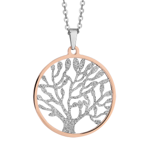 COLLIER ACIER PENDENTIF ARBRE DE VIE GIVRE CONTOUR PVD ROSE 42+4CM