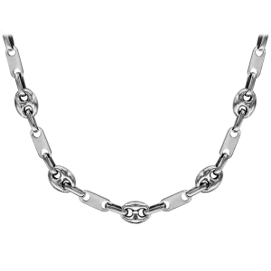 COLLIER ACIER MAILLE GRAIN DE CAFE ET PLAQUETTE 53CM