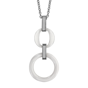 COLLIER ACIER PENDENTIF DOUBLE ANNEAU CERAMIQUE BLANCHE 42+3CM