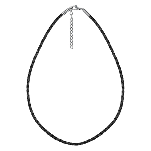 COLLIER CORDON CUIR BOVIN TRESSE NOIR FERMOIR MOUSQUETON ACIER 45CM + 5CM