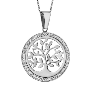 COLLIER ACIER PENDENTIF ROND MOTIF ARBRE DE VIE RÉSINE ET STRASS BLANC 42+8CM