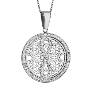 COLLIER ACIER PENDENTIF ROND MOTIF INFINI RÉSINE ET STRASS BLANC 42+8CM
