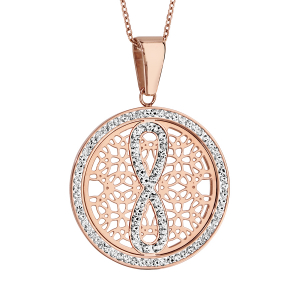 COLLIER ACIER ET PVD ROSE PENDENTIF ROND MOTIF INFINI RÉSINE ET STRASS BLANC 42+8CM
