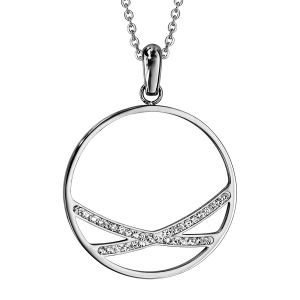COLLIER ACIER PENDENTIF CERCLE 2 BRANCHES RÉSINES ET STRASS BLANCS 40+5CM