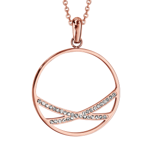 COLLIER ACIER ET PVD ROSE PENDENTIF CERCLE 2 BRANCHES RÉSINES ET STRASS BLANCS 40+5CM