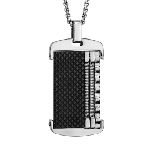 COLLIER ACIER PENDENTIF PVD NOIR AVEC CABLE GRIS 50+5CM