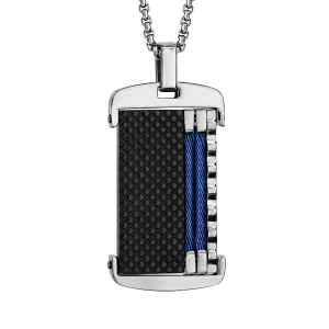 COLLIER ACIER PENDENTIF PVD NOIR AVEC CABLE BLEU 50+5CM
