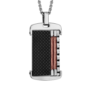 COLLIER ACIER PENDENTIF PVD NOIR AVEC CABLE ROSE 50+5CM