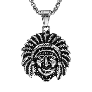 COLLIER ACIER PENDENTIF TETE D'INDIEN 55CM
