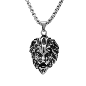 COLLIER ACIER PENDENTIF TETE DE LION PATINE 55CM
