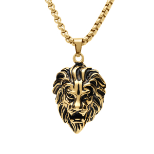 COLLIER ACIER DORÉ PENDENTIF TETE DE LION PATINE 55CM