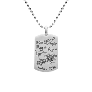 COLLIER ACIER CHAINE BOULES PETITE PLAQUE RECTANGULAIRE 35x20MM GRAVURE D-DAY 50+10CM