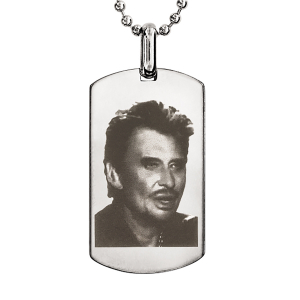COLLIER ACIER CHAINE BOULES PETITE PLAQUE RECTANGULAIRE 35x20MM GRAVURE PORTRAIT JOHNNY 50+10CM