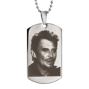 COLLIER ACIER CHAINE BOULES GRANDE PLAQUE RECTANGULAIRE 25x45MM  GRAVURE PORTRAIT JOHNNY 50+10CM