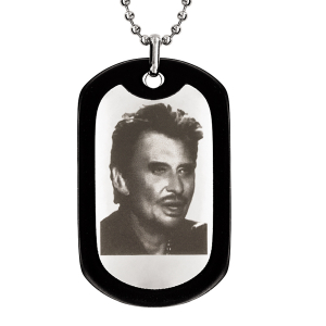 COLLIER ACIER CHAINE BOULES PLAQUE GI  52x32MM CONTOUR CAOUTCHOUC NOIR GRAVURE PORTAIT JOHNNY 50+10CM