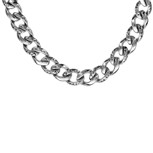 COLLIER ACIER MAILLE GOURMETTE ALTERNEE LISSE ET MOTIF ECAILLE 55CM