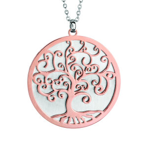 COLLIER ACIER BOULES PENDENTIF ABRE DE VIE PVD ROSE 50+10CM