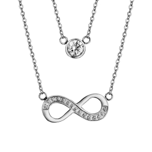 COLLIER ACIER DOUBLE CHAINE 1 OXYDE BLANC SERTI CLOS 1 MOTIF INFINI OXYDES BLANCS SERTIS 42+3CM