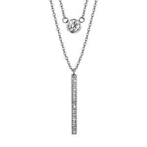 COLLIER ACIER DOUBLE CHAINE 1 OXYDE BLANC SERTI CLOS 1 BAGUETTE OXYDES BLANCS SERTIS 42+3CM