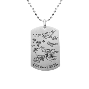 COLLIER ACIER CHAINE BOULES GRANDE PLAQUE RECTANGULAIRE 25x45MM  GRAVURE D-DAY 50+10CM