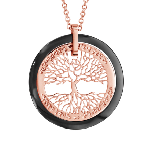 COLLIER ACIER ET PVD ROSE PENDENTIF ARBRE DE VIE CONTOUR CERAMIQUE NOIRE 42+3CM