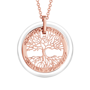 COLLIER ACIER ET PVD ROSE PENDENTIF ARBRE DE VIE CONTOUR CERAMIQUE BLANCHE  42+3CM