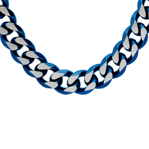 COLLIER ACIER MAILLE GOURMETTE 10MM PVD BROSSÉ ASPECT PATINÉ CHANFREIN BLEU 55CM