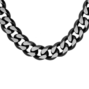 COLLIER ACIER MAILLE GOURMETTE 10MM PVD BROSSÉ ASPECT PATINÉ CHANFREIN NOIR  55CM