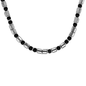 COLLIER ACIER MOTIFS SUR CABLE BOULES NOIRES ET CYLINDRES TRIPLE FERMOIR 50+3CM
