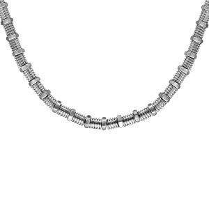 COLLIER ACIER MOTIFS SUR CABLE ECROUS ET CYLINDRES DOUBLE FERMOIR 50+2CM