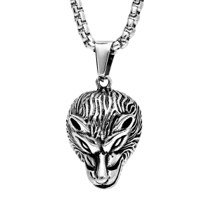 COLLIER ACIER PENDENTIF TETE DE LOUP PATINE 55CM