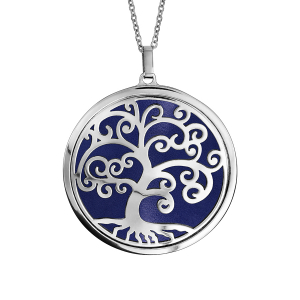 COLLIER ACIER PENDENTIF MOTIFS ARBRE DE VIE PU BLEU MARINE 45+10CM