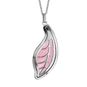 COLLIER ACIER PENDENTIF MOTIF FEUILLE PU ROSE 45+10CM