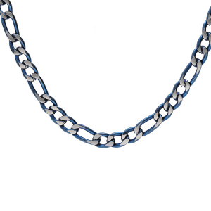 COLLIER ACIER 1+3 4MM PVD BROSSÉ ASPECT PATINÉ CHANFREIN BLEU 55CM