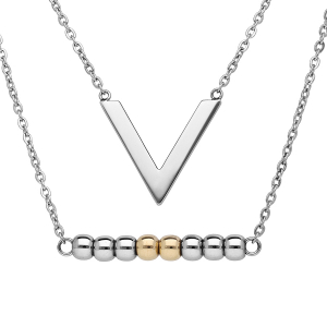 COLLIER ACIER DOUBLE CHAINE FORME V ET BOULES PVD DORÉ 40+5CM