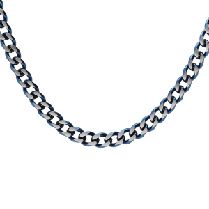 COLLIER ACIER MAILLE GOURMETTE 4MM PVD BROSSÉ ASPET PATINÉ CHANFREIN BLEU 55CM